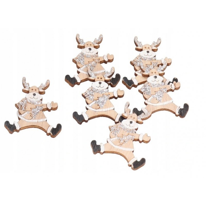 RENIFER DREWNIANY NA PRZYLEPCU 6SZT OZDOBA STROIK