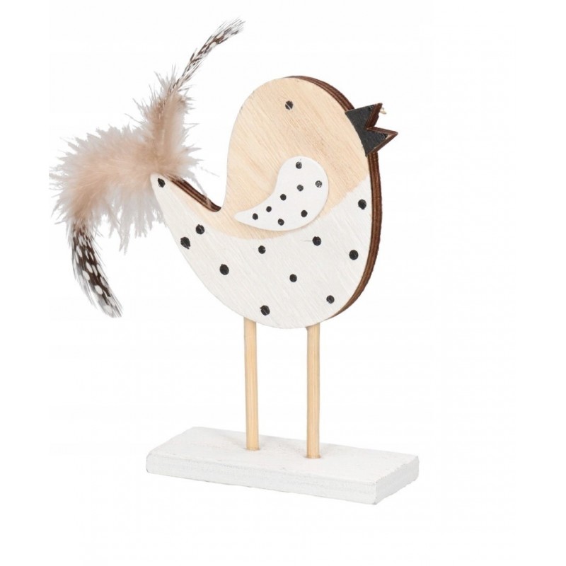 PTASZEK DREWNIANY Z PIÓRKIEM FIGURKA OZDOBA