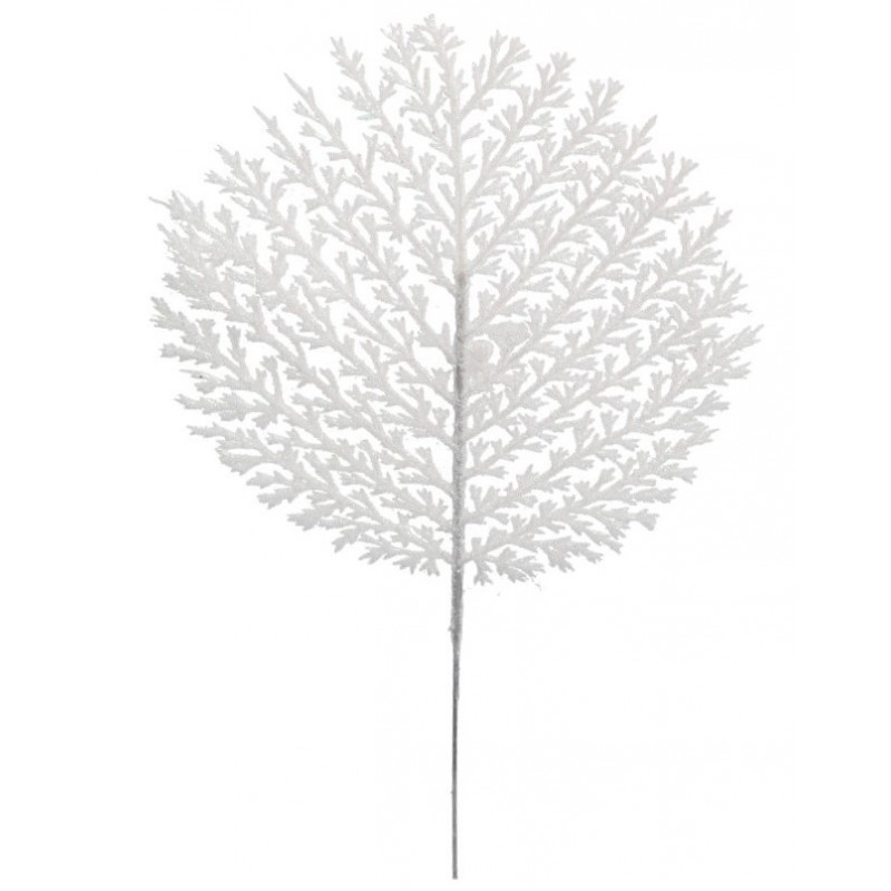 GAŁĄZKA DEKORACYJNA BIAŁA LIŚCIE Z BROKATEM 28CM
