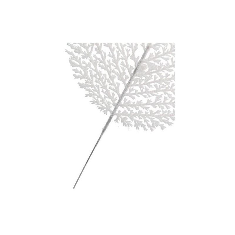 GAŁĄZKA DEKORACYJNA BIAŁA LIŚCIE Z BROKATEM 28CM