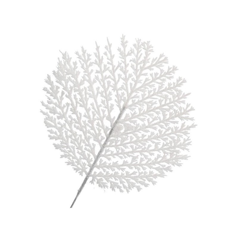 GAŁĄZKA DEKORACYJNA BIAŁA LIŚCIE Z BROKATEM 28CM