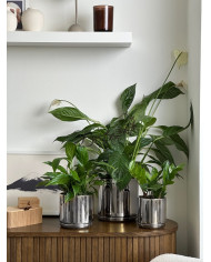 Doniczka ceramiczna osłonka srebrna z podstawką okrągła