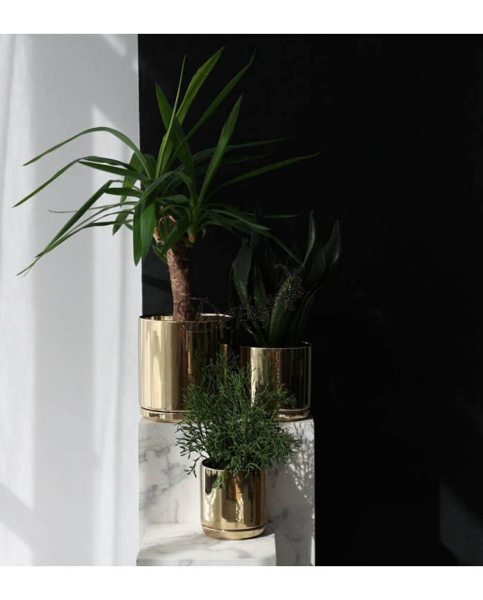 Doniczka ceramiczna osłonka złota z podstawką okrągła