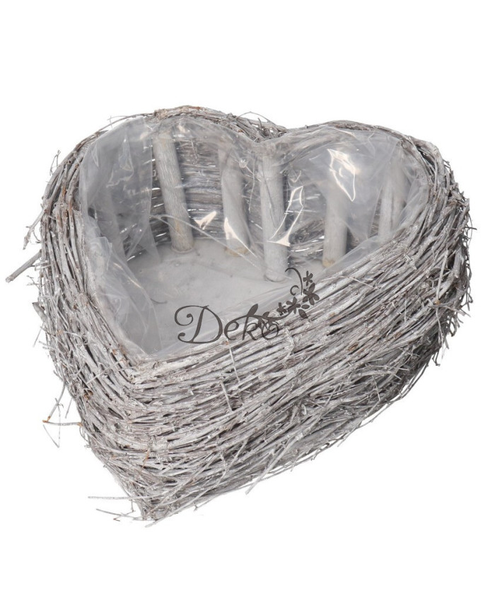 Doniczka osłonka drewniana serce podkład 25 cm szara