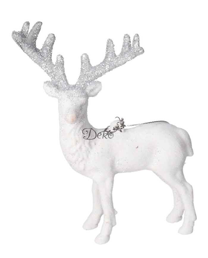 Renifer biały z brokatem 14 cm figurka zawieszka