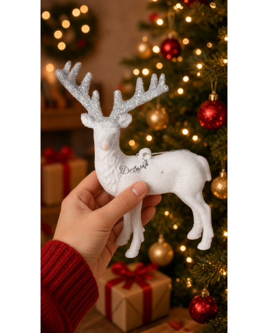 Renifer biały z brokatem 14 cm figurka zawieszka