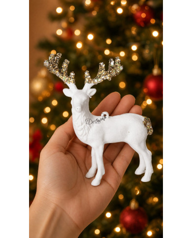 Renifer biały z brokatem 14 cm figurka zawieszka